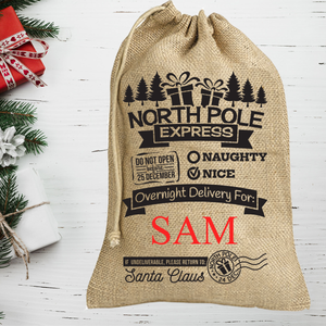 North Pole Express Personalised Christmas Gift Jute Sack Bag