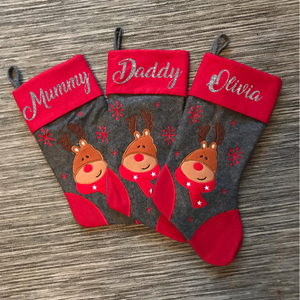 Personalised Stockings Grey/Red Reindeer Design